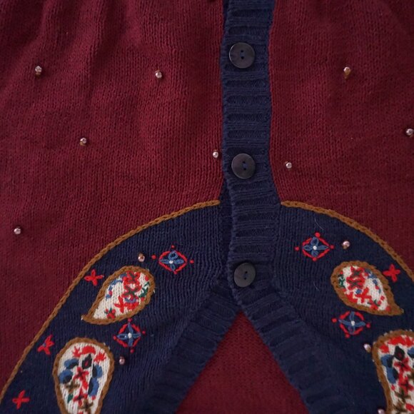 VTG Huntington Ridge Burgundy Paisley Beaded Embroidered Cardigan Prep Grandma M - Picture 7 of 10
